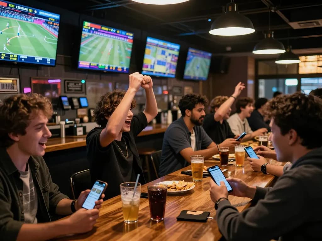 Sports enthusiasts engaged in live betting at tr88vina, analyzing odds and cheering for their teams