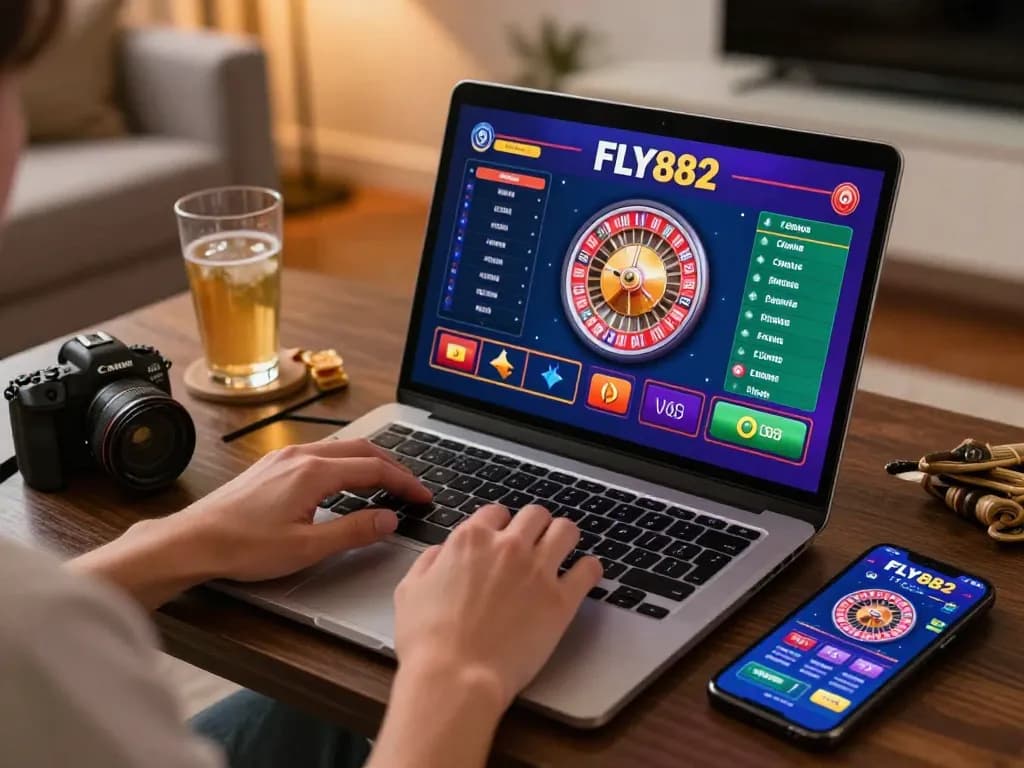 Experience dynamic online gaming at fly882, showcasing a player engaged in sports betting and casino games on multiple devices.