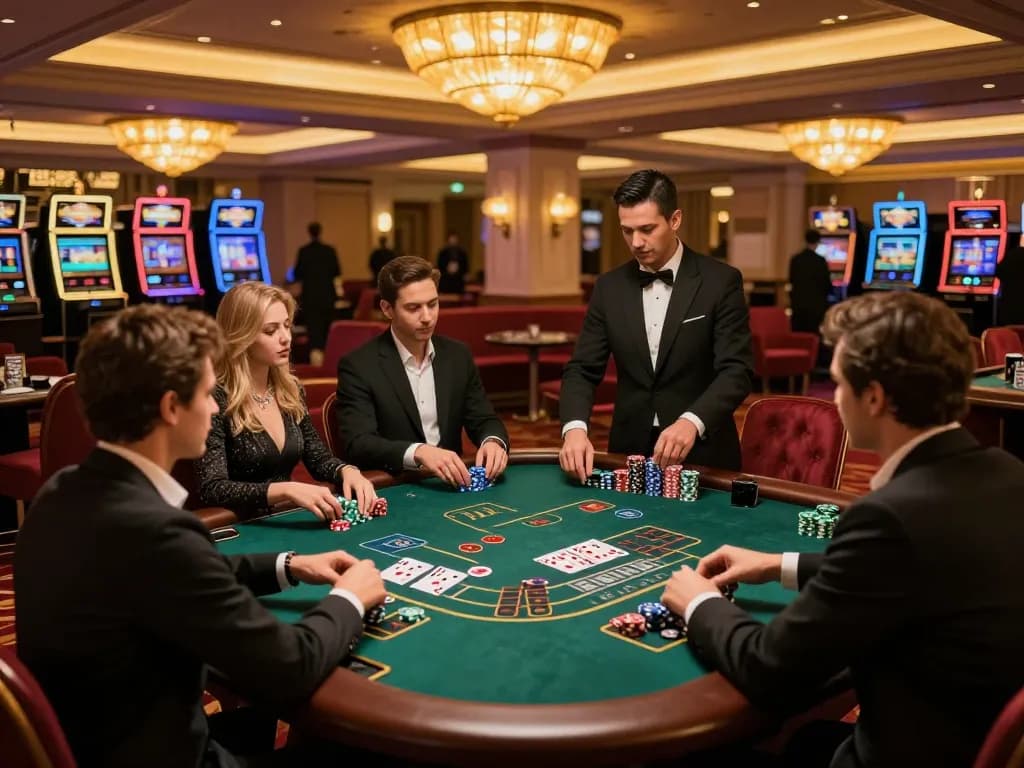 Pemain terlibat dalam permainan blackjack strategis yang menampilkan mpi2121 di atmosfer kasino yang mewah.
