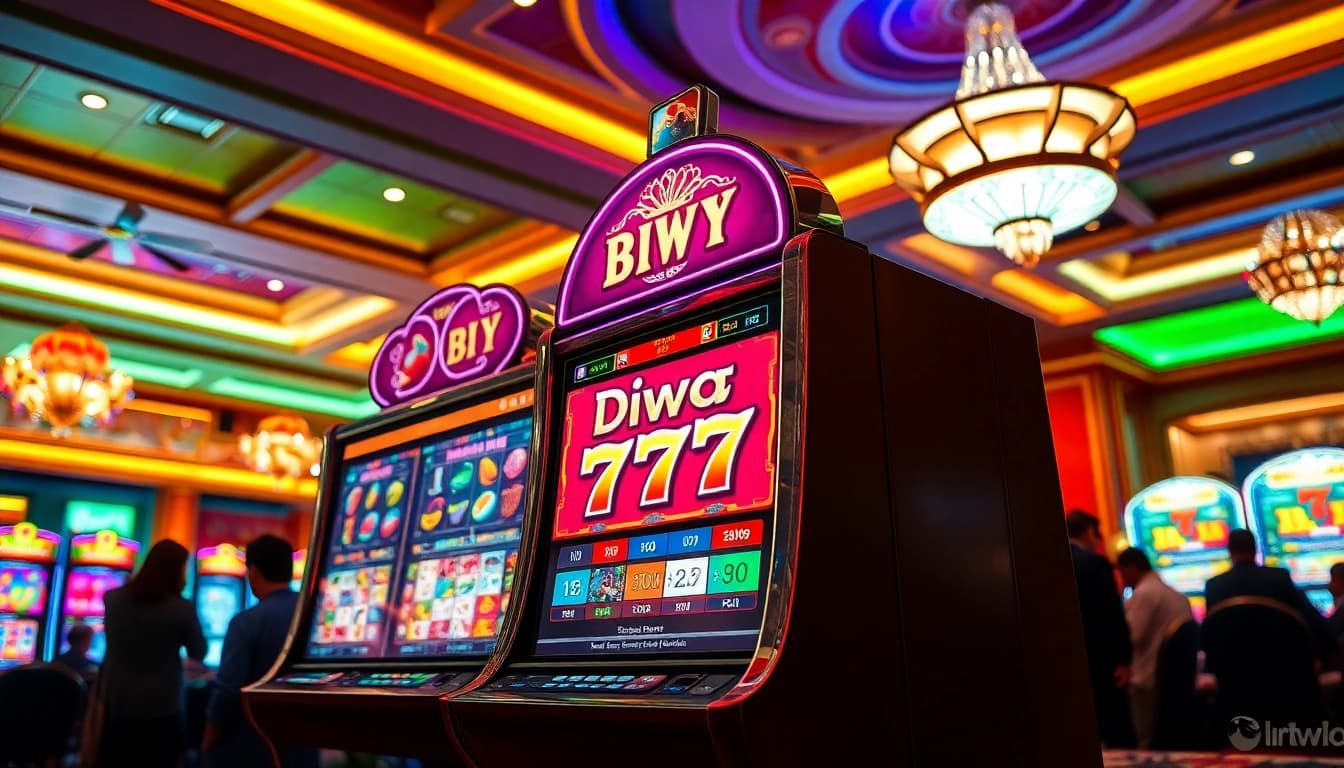Play the exciting Diwa 777 slot machine in a lively casino environment with glowing reels and thrilled players.