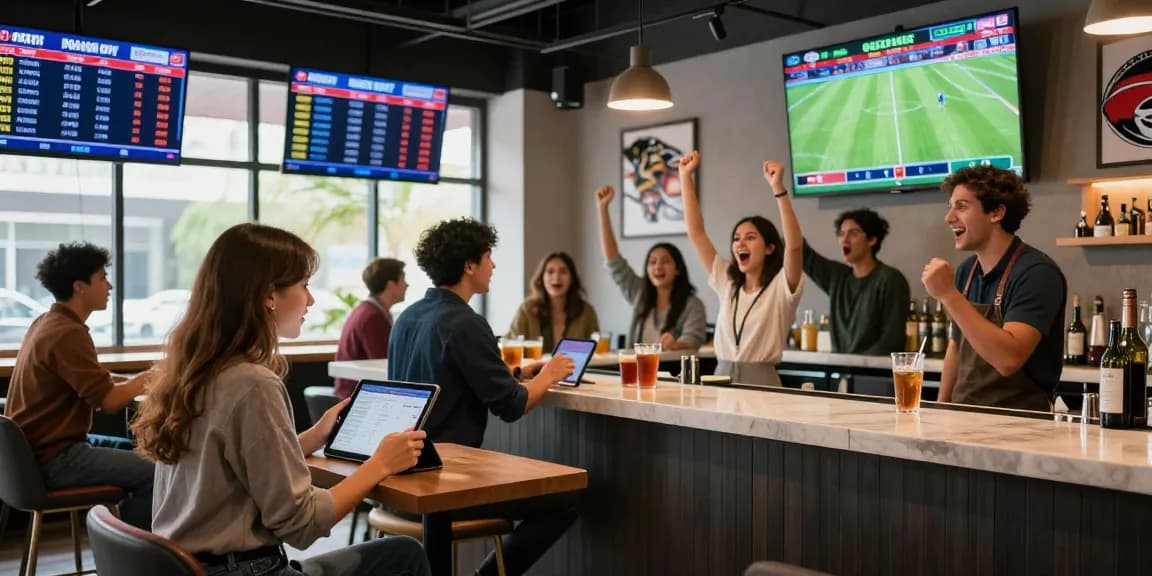 Exciting betting lounge scene featuring 663 bet activities with engaged patrons cheering and analyzing game stats.