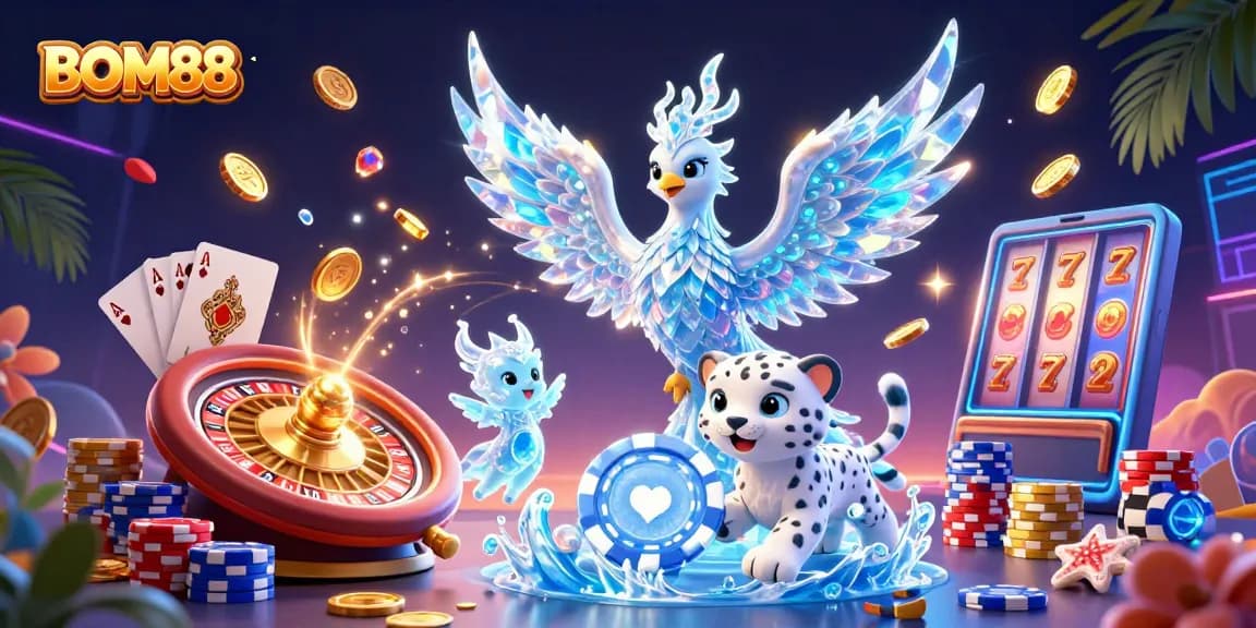 BOM88 reveals a vibrant gaming universe with sparkling coins and a playful ice phoenix.