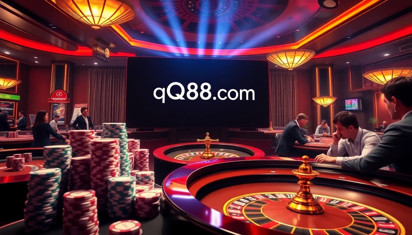 Exciting view of online gambling interface at qq88 com with vibrant poker chips and roulette.