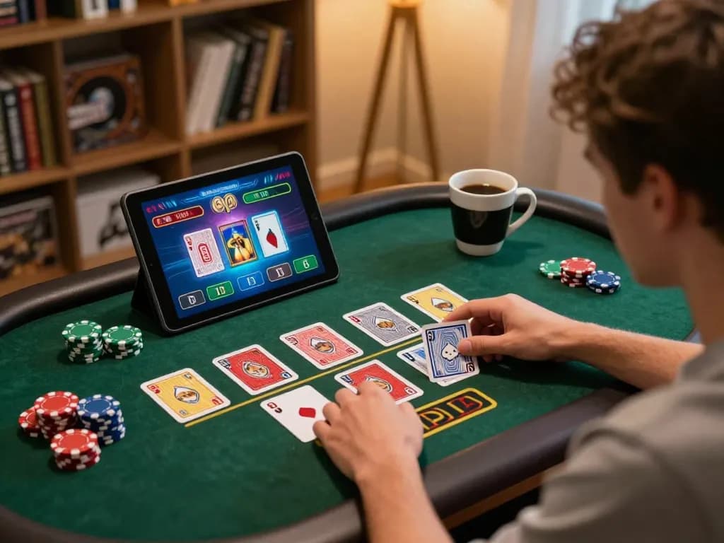 Engaged player at home using nhacaiuytin tablet for live dealer game, chips arranged thoughtfully.