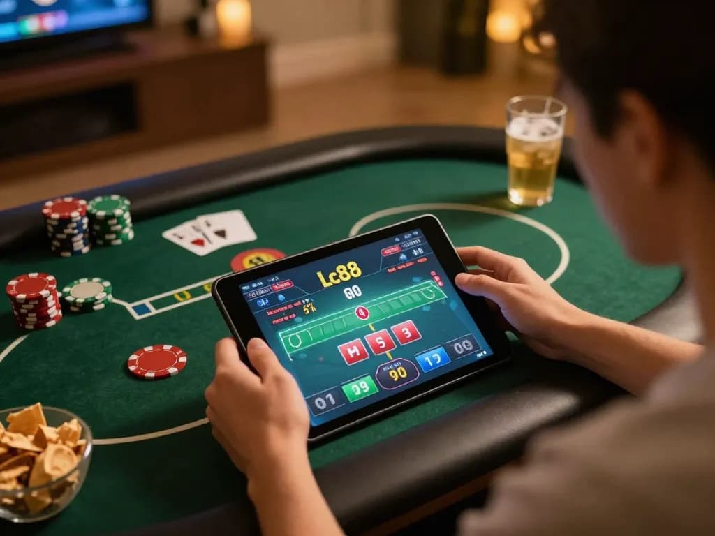 Player engaged in Lc88 online poker game on tablet in cozy home setting