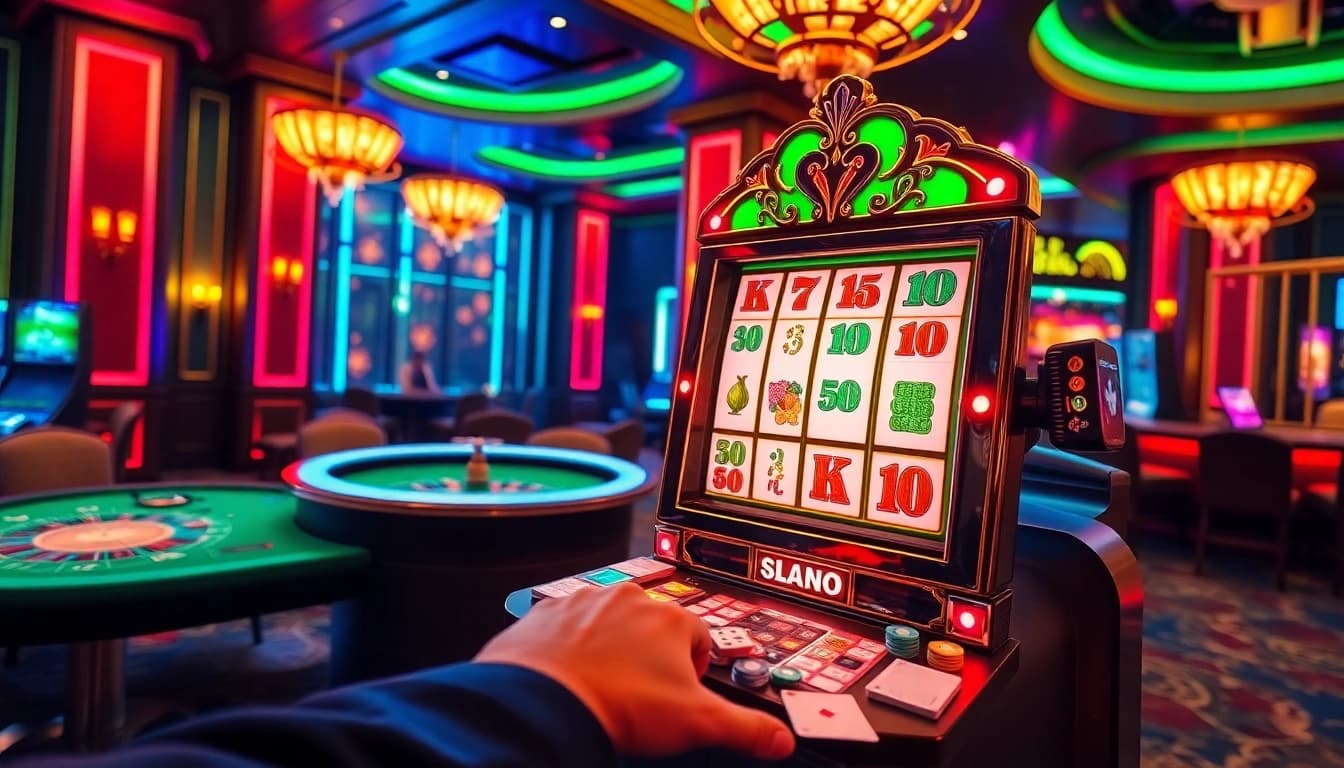 Putar mesin slot Mahjong di tengah kegembiraan kasino yang meriah dan suasana perjudian.