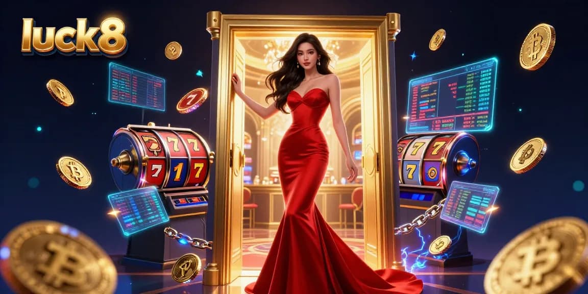 Experience the excitement of luck 8 at a casino, with vibrant slot machines and a stunning woman in a VIP doorway.