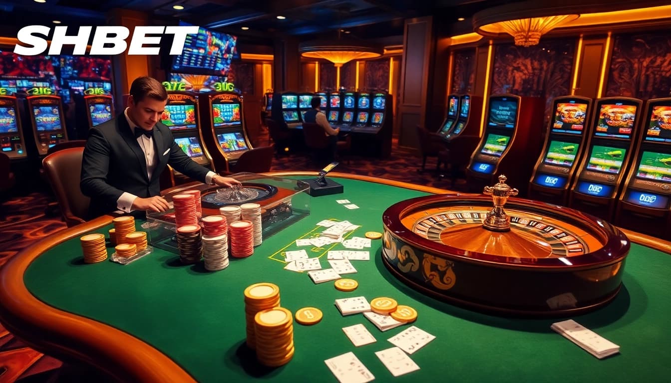 Experience thrilling SHBET casino action with a vibrant gaming table, roulette wheel, and slot machines.