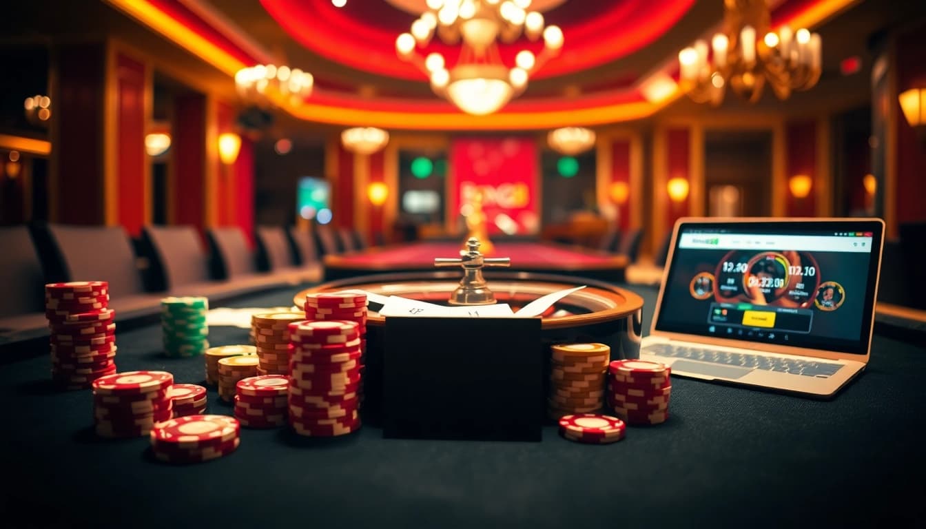 An engaging scene of a luxurious casino table representing the https://bong88.casa/ online gambling experience with poker chips and cards.