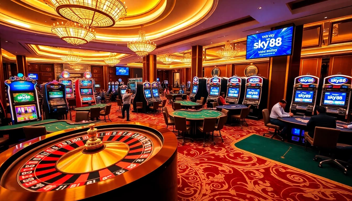 Experience the thrill of link vào sky88 in an elegant casino setting filled with vibrant gaming tables.