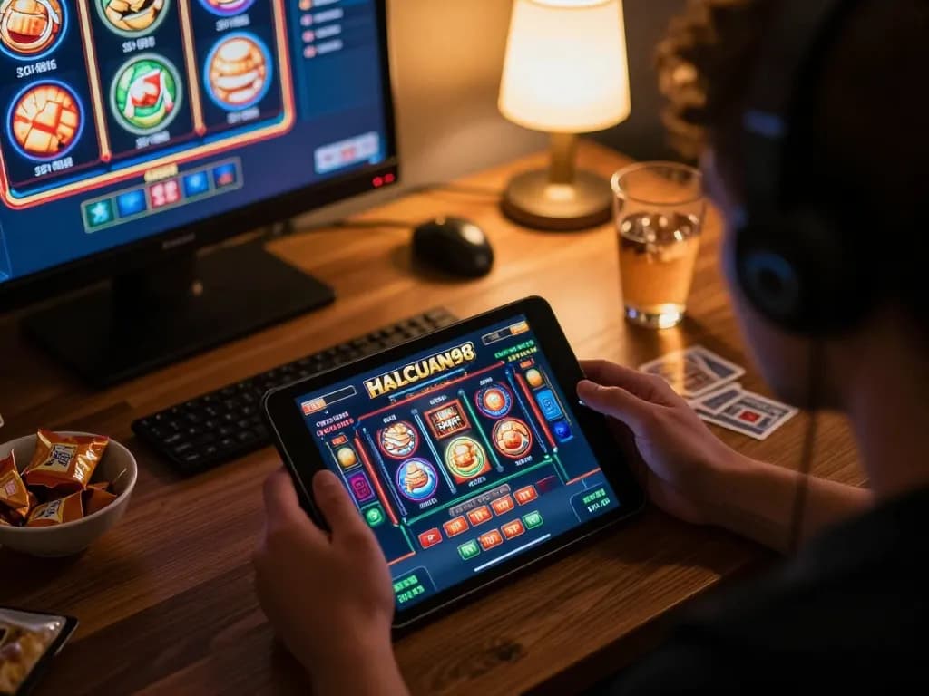 Pemain terlibat dalam permainan kasino online HALOCUAN98 di tablet dengan visual slot yang menawan.