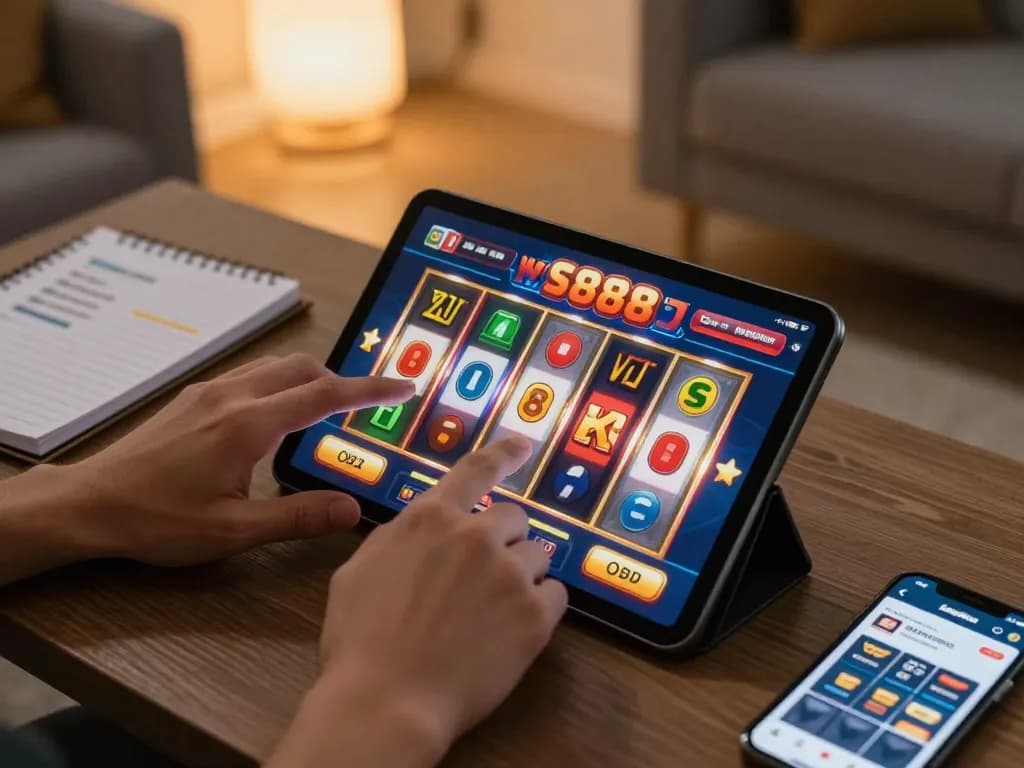 Engaging player using slot88 app on tablet, showcasing excitement in a cozy setting.