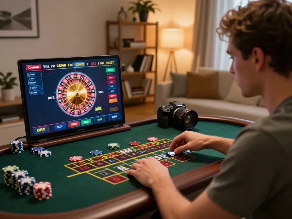 king33 player engaging in live dealer roulette game at home using laptop with chips and excited atmosphere