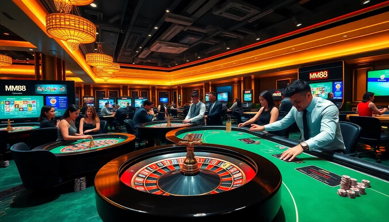 Engaged players enjoying high-stakes action at an MM88-themed casino, vibrant atmosphere.