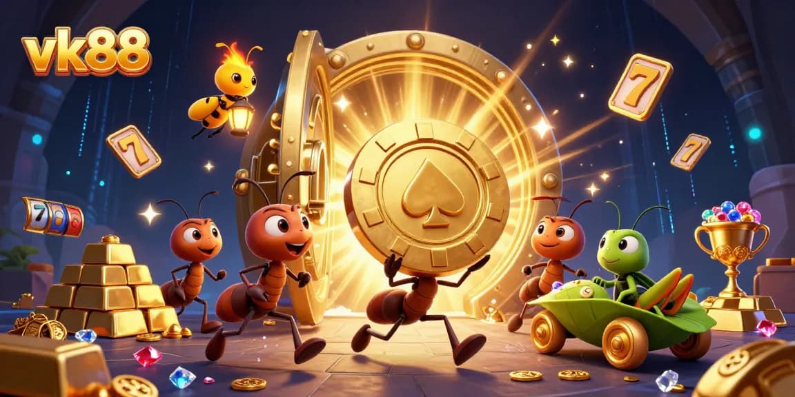 Experience the thrill with vk88 while a team of cartoon ants heist a golden poker chip in an exciting casino scene.