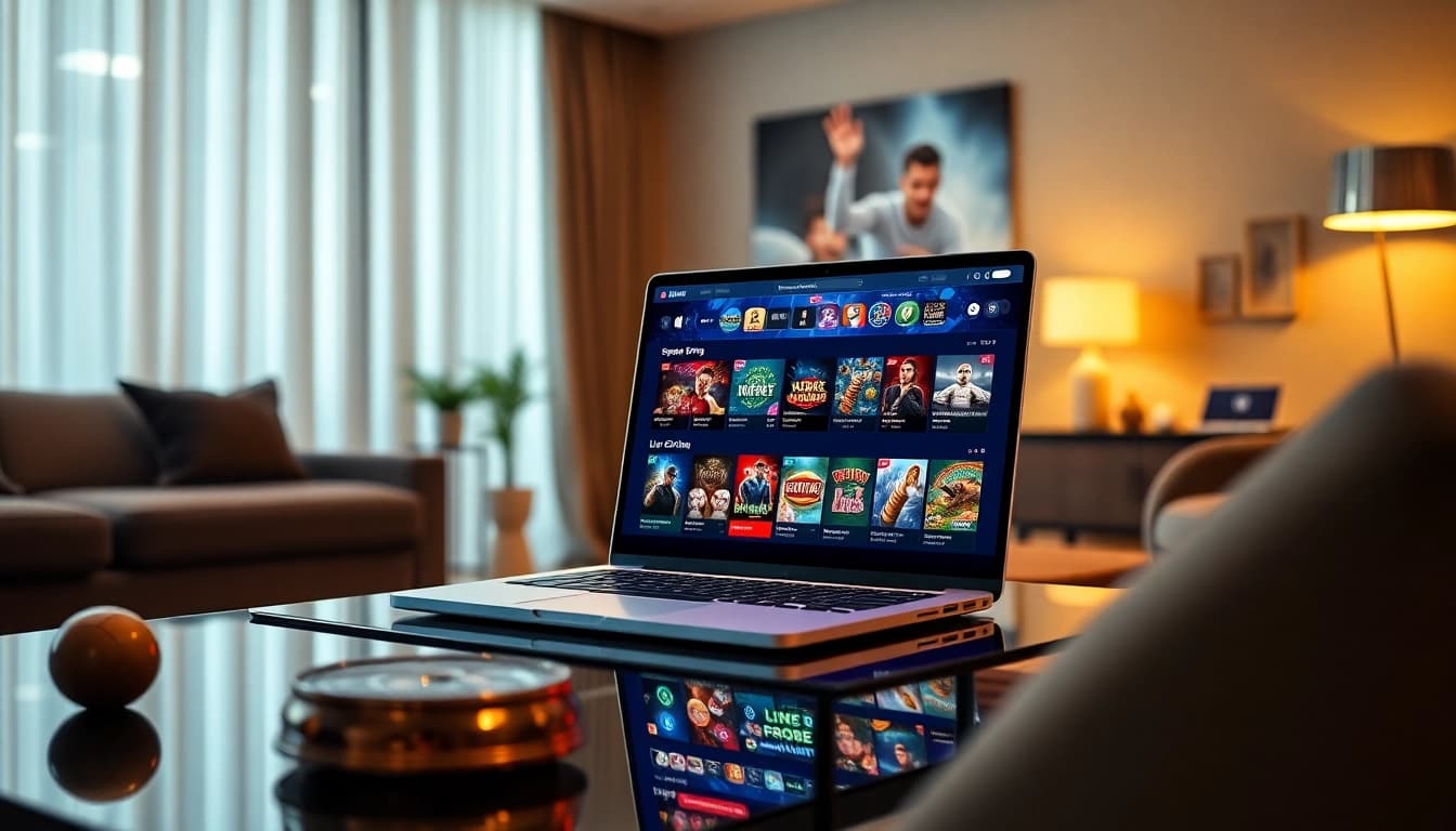 VICWIN online gaming portal interface displayed on a sleek laptop in a cozy living room.