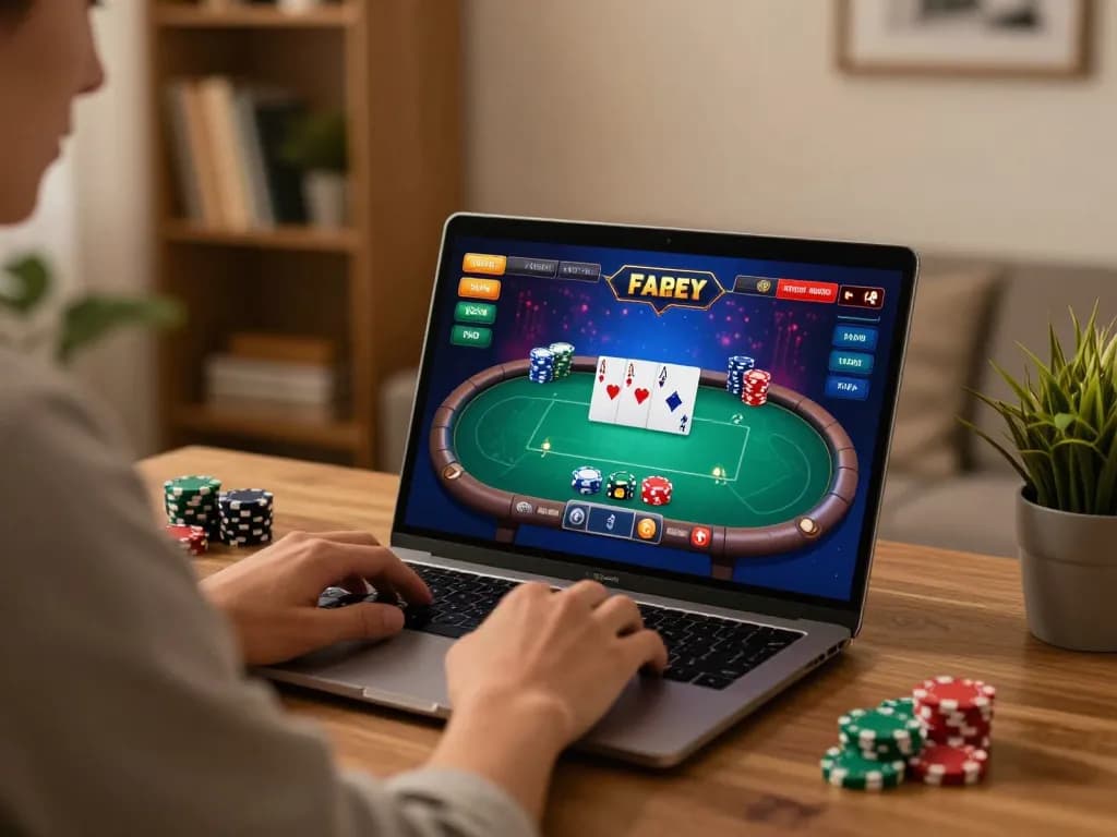 Engaging in a poker match at home, focusing on strategic play using the link go8 interface for better odds.