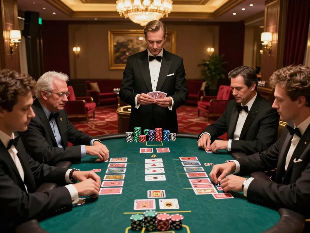 Players engage in strategic gameplay at qq88 casino table, showcasing a bustling, luxurious casino atmosphere.