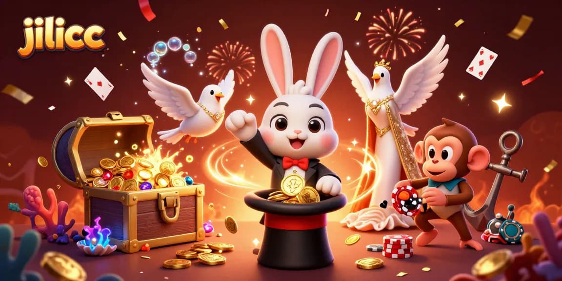 Experience exciting wins at jilicc while a magician rabbit conjures coins and a monkey steals poker chips.