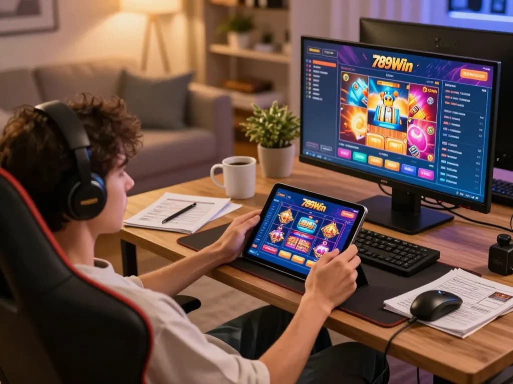 Engaging with 789Win's online gaming interface on a tablet, showcasing a cozy home atmosphere.