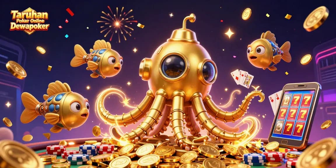 Engage with Taruhan Poker Online Dewapoker through this vibrant 3D scene showcasing poker chips and cards.