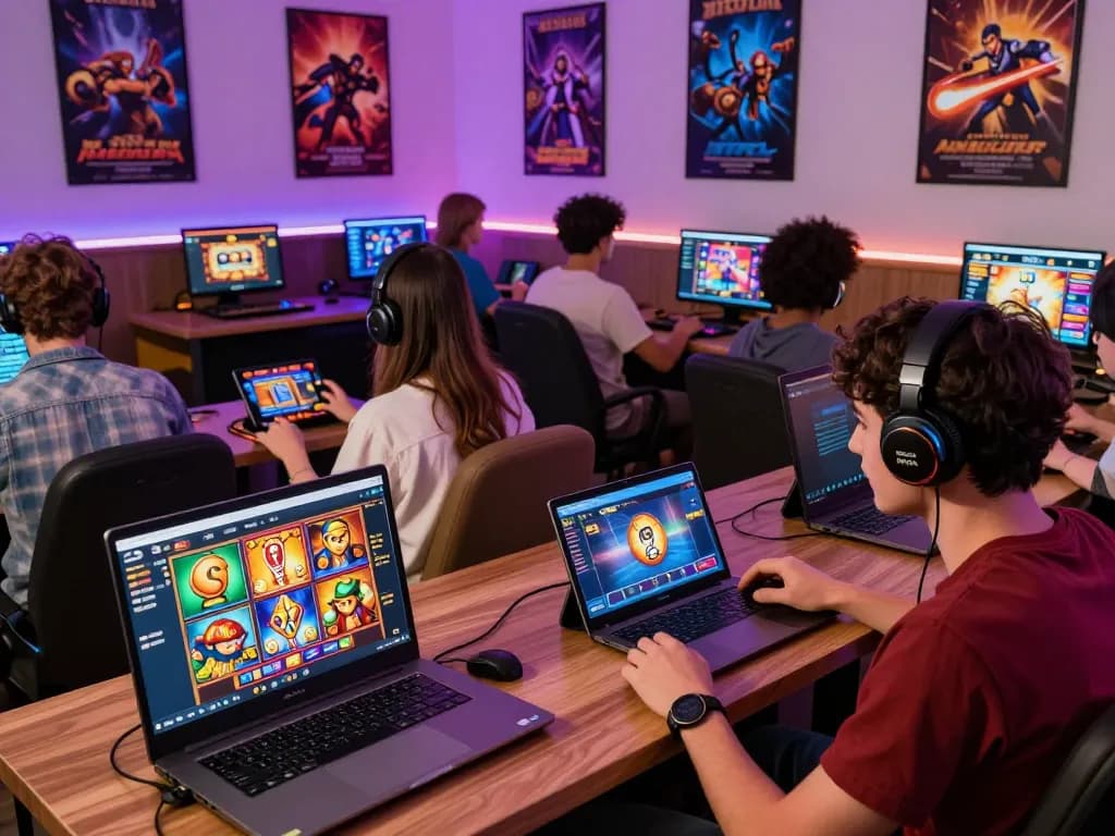 Players enjoying 88pulsa slot games on laptops and smartphones, vibrant gaming atmosphere.