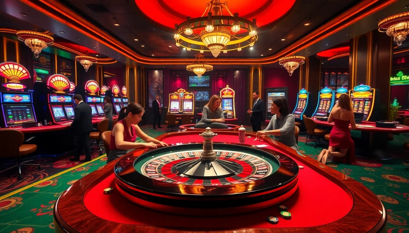 Experience the thrill of BK8TH gameplay with an exciting casino scene capturing players at roulette and slot machines.