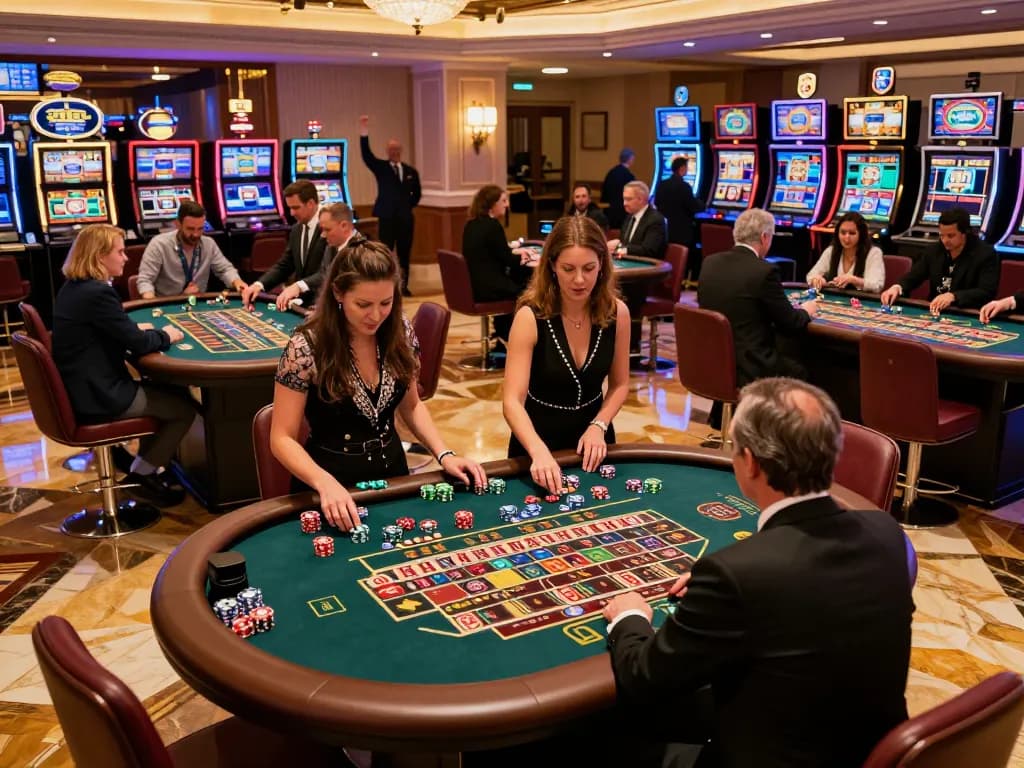 Players engaging in exciting roulette games at the bsport casino floor, showcasing vibrant chips and focused expressions.