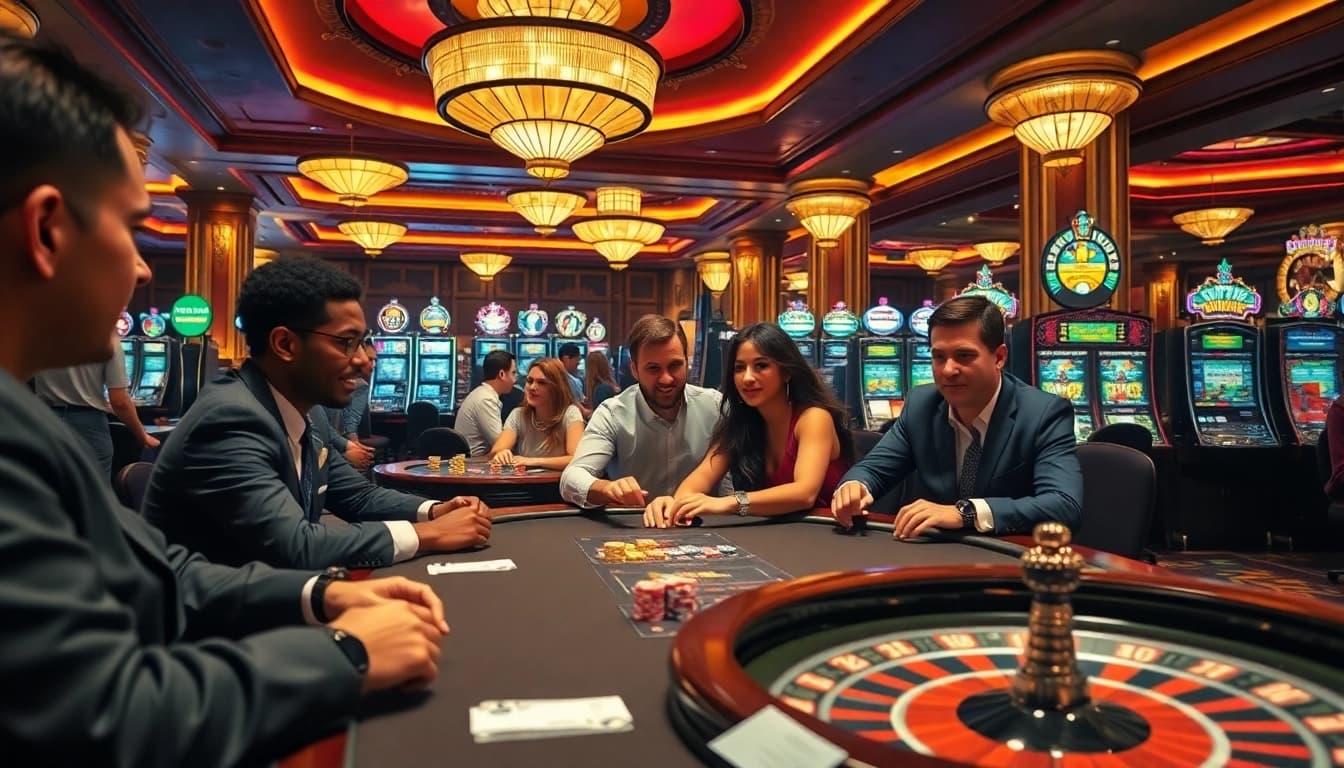 Experience the thrill of juragan77 at a vibrant casino table with excited players!