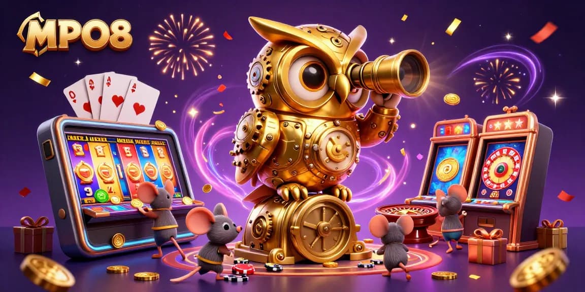 MPO08 features a massive clockwork owl and scurrying mice on a vibrant casino floor.