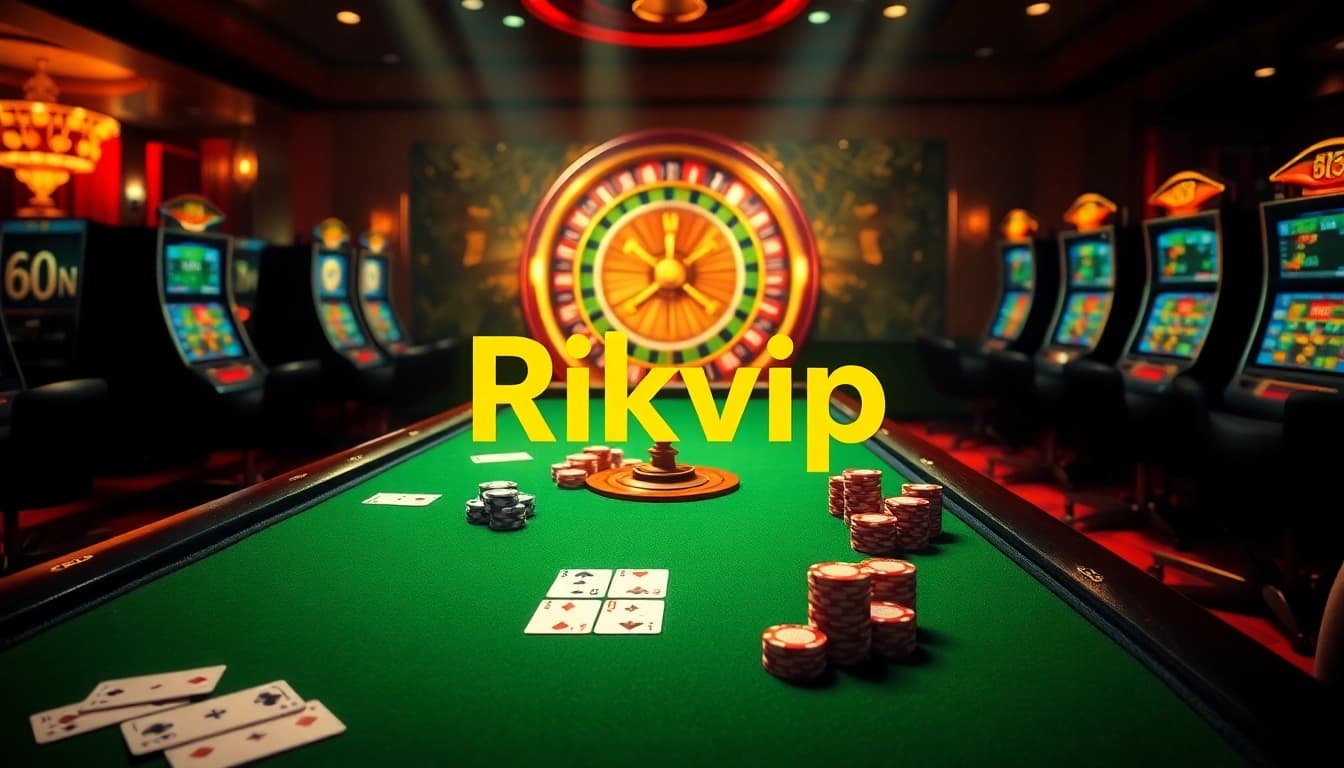 Rikvip offers an exciting luxury casino experience with poker tables, roulette, and vibrant slot machines.