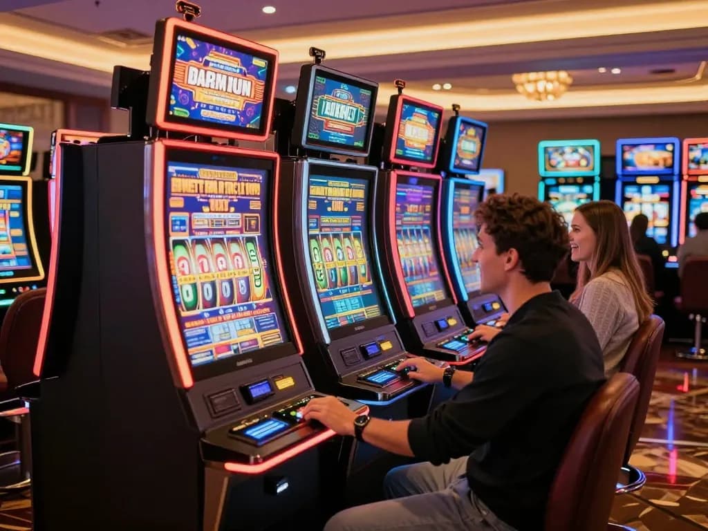 Players enjoying vibrant slot machines at LC88 casino with exciting digital displays and joyful atmosphere