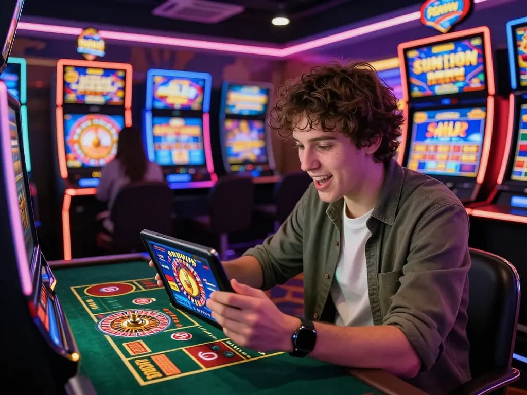 Engaging player enjoying the sunwin game in a vibrant online casino environment with digital slot machines.