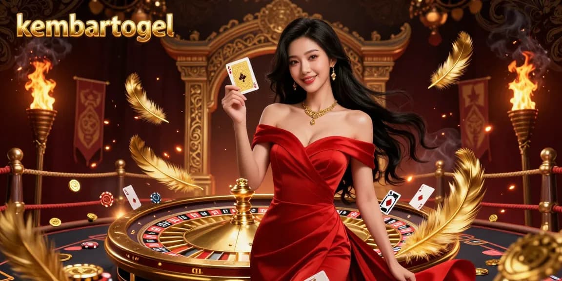 Kembartogel showcases an elegant woman holding a winning playing card beside a dynamic roulette wheel, symbolizing casino excitement.