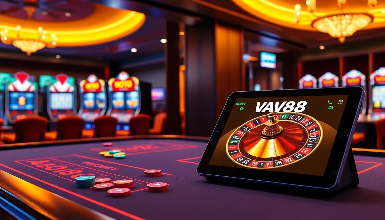 Experience the excitement of VA88 with a vibrant casino scene featuring roulette and slot machines.