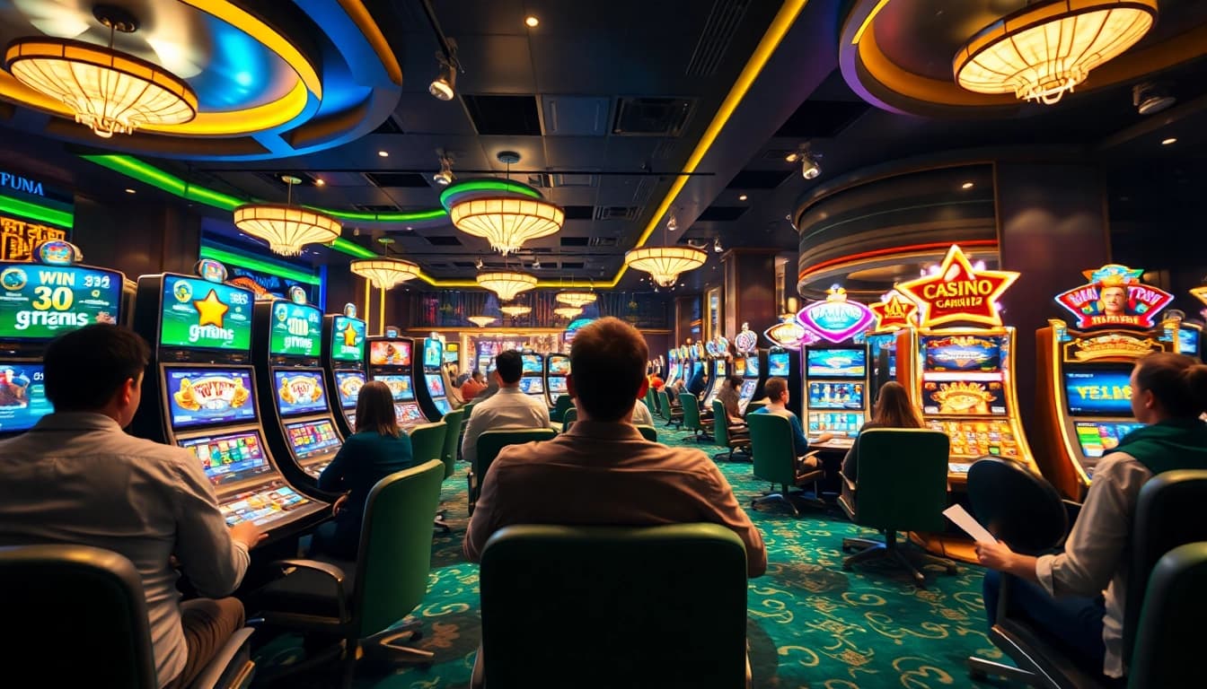 Experience the excitement of Thiên đường cờ bạc Nhatvip with players enjoying premier casino games in a luxurious setting.