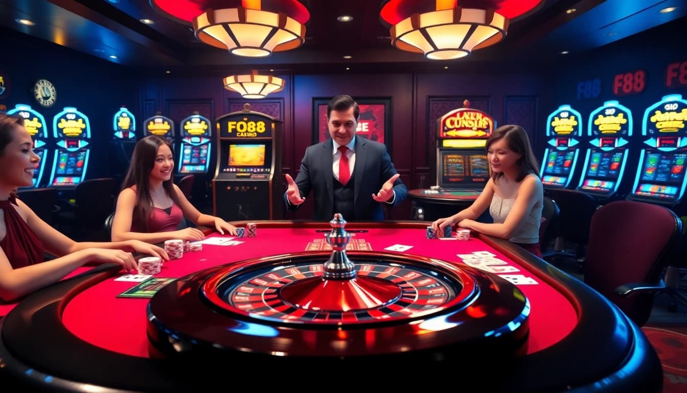 Exciting FO88 casino game scene with players at the poker table and vibrant atmosphere.
