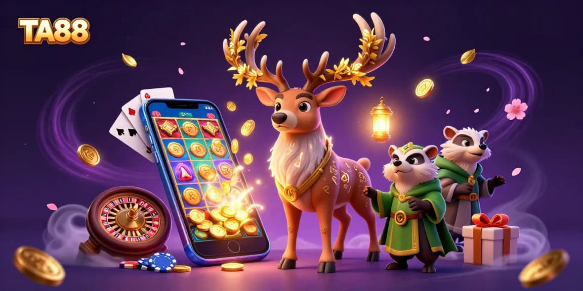 Experience the magic of TA88 with enchanting characters and vibrant casino games in a dynamic scene.