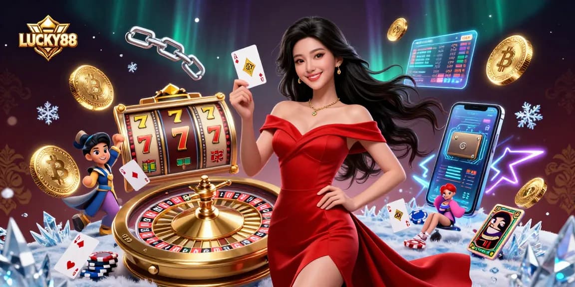 Play winning games at LUCKY88, featuring a stunning Asian dealer with a roulette wheel, jackpot and cryptocurrency elements.