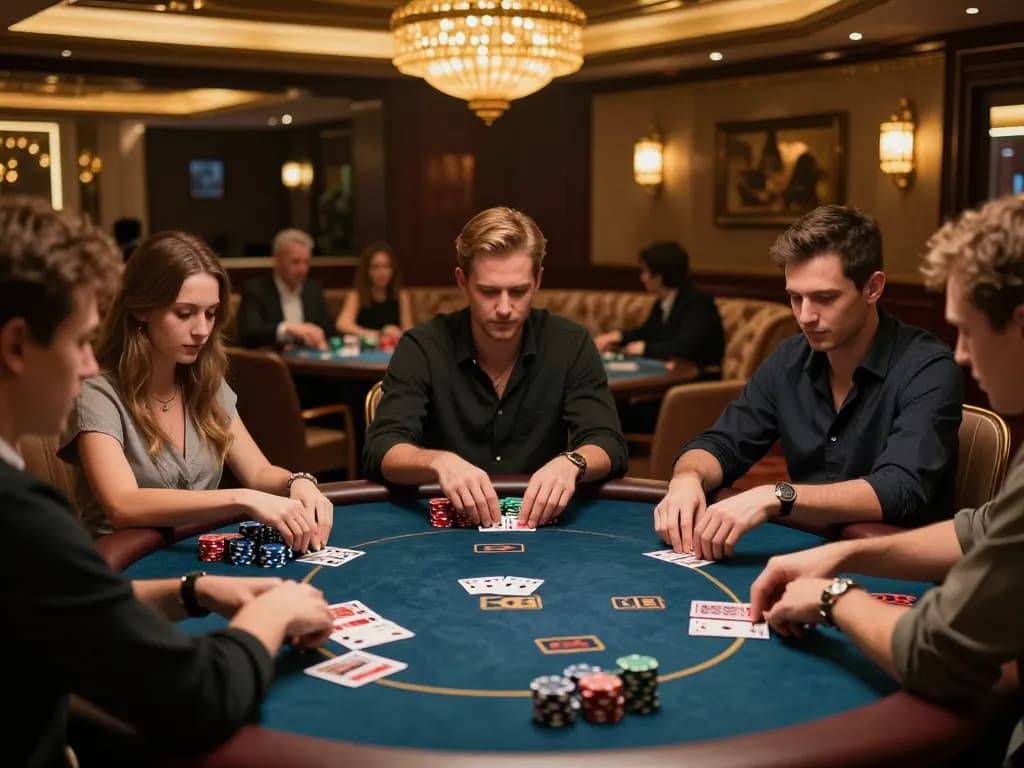 Bong99 casino players strategizing a high-stakes poker game in an upscale lounge setting.