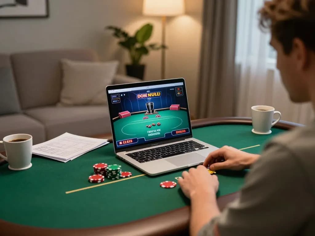 Enjoying a strategic online gaming session at the Trang chủ F8bet platform, featuring an interactive poker game on a laptop.