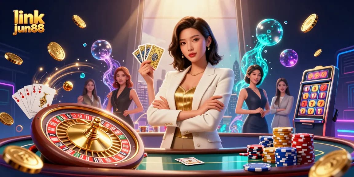 Enticing scene showcasing link jun88, a powerful businesswoman with cards, roulette and poker elements.