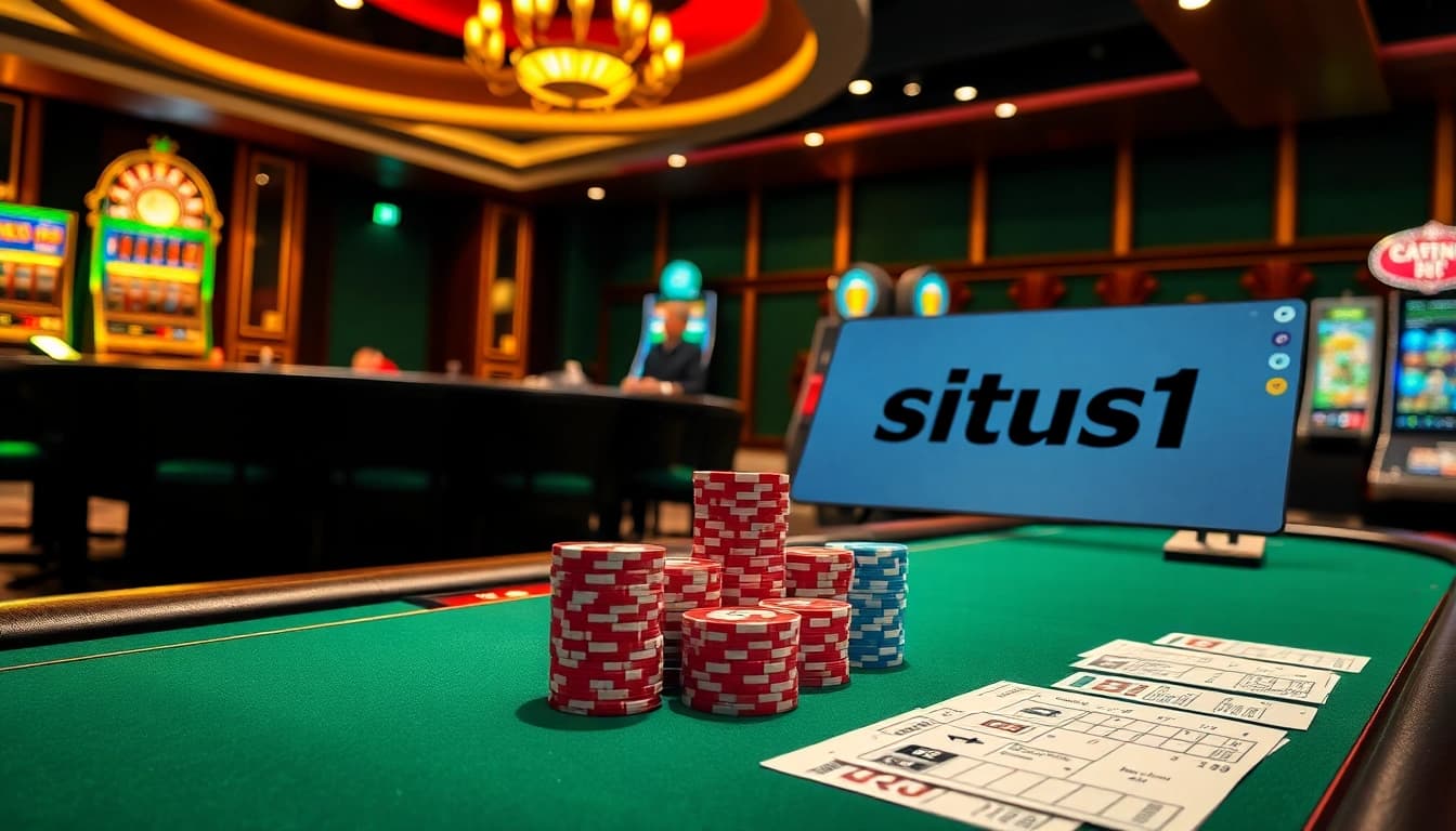 Situs11 players enjoying high-stakes poker at a luxurious casino with vibrant slot machines in view.