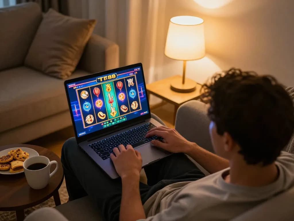 Player engaging with TT88 slot game on laptop in cozy home setting, illustrating online gaming excitement.