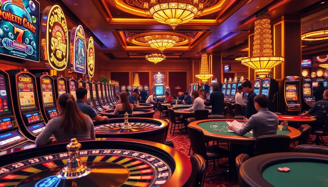 Experience excitement at 8kbet with players enjoying high-stakes casino games and vibrant slot machines.