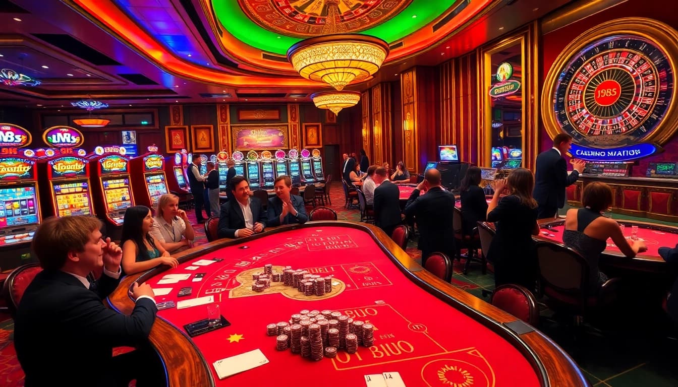 A thrilling casino scene with players enjoying j88 poker tables, vibrant chips, and exciting gameplay.