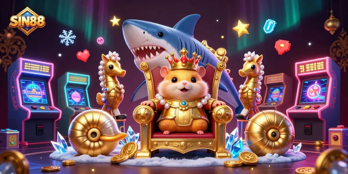 SIN88 embodies excitement as the golden hamster king takes throne amidst a vibrant casino scene.