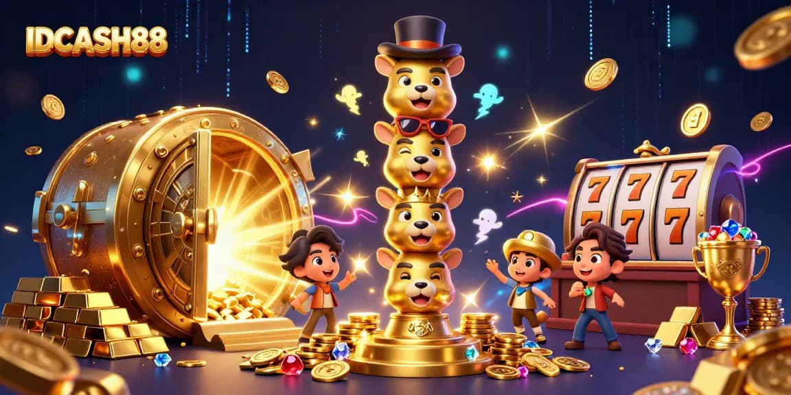Experience thrilling gameplay with IDCASH88's vibrant casino scene featuring animated totem pole characters.