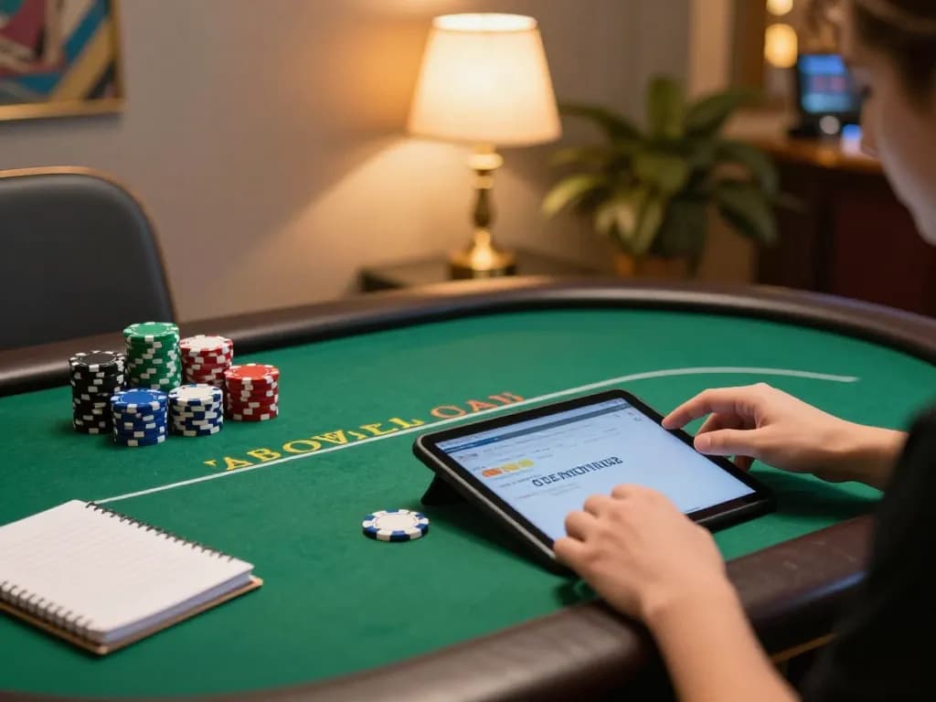 Engaging in strategic poker gameplay on tablet at home, showcasing kp88 gaming focus and authentic atmosphere
