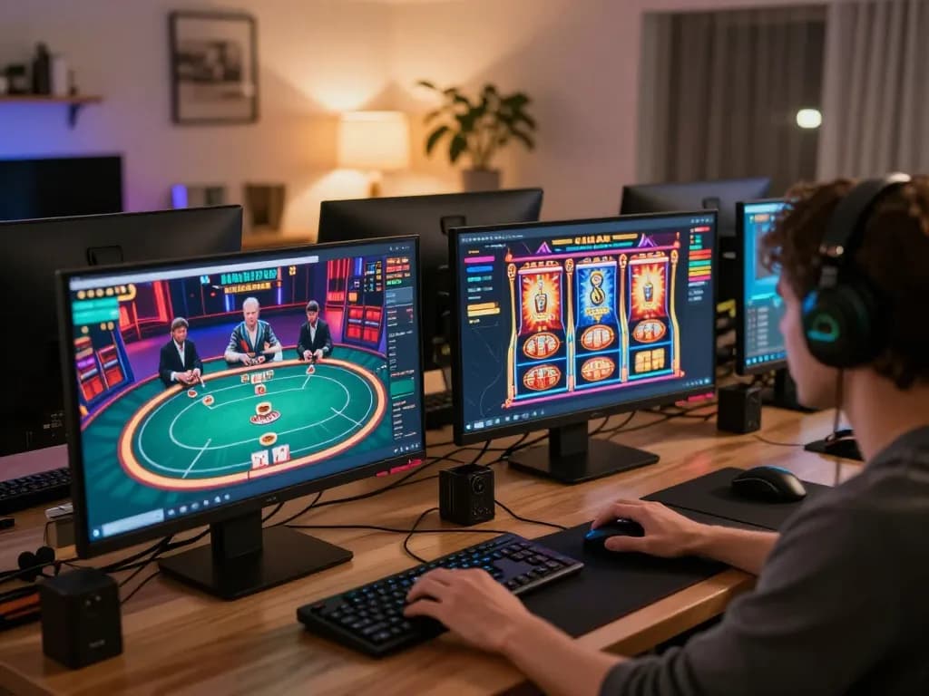 Pemain Kiu77 terlibat dalam permainan poker online dinamis sambil memantau aktivitas slot di beberapa layar